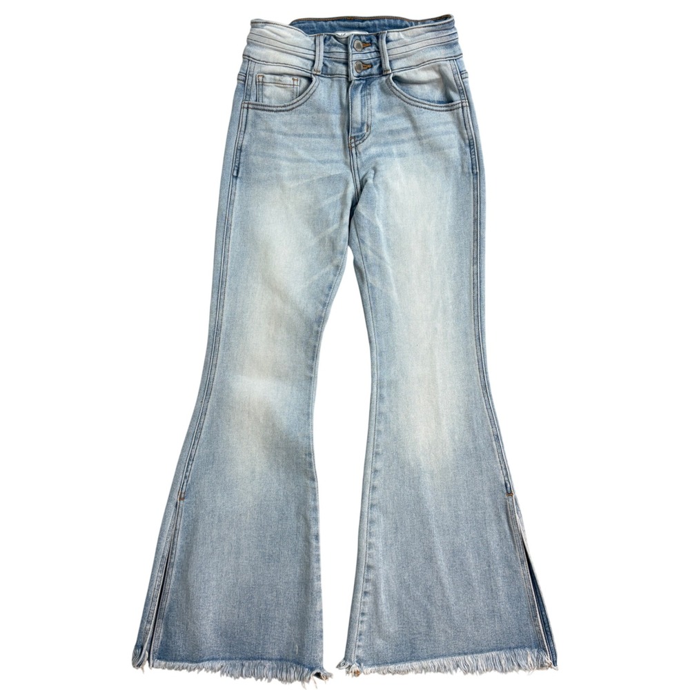 KanCan Signature Womens 24 High Rise Flare Jeans Light Wash Raw Hem Side Slit